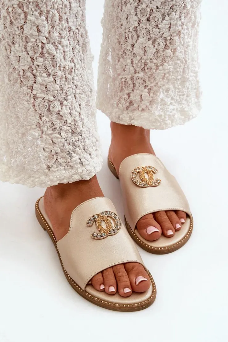 Damskie buty S.Barski Klapki Damskie Klasyczne*Eleganckie Klapki Damskie Błyszczące Z Ozdobą S.Barski KV27-050 Złote Złoty