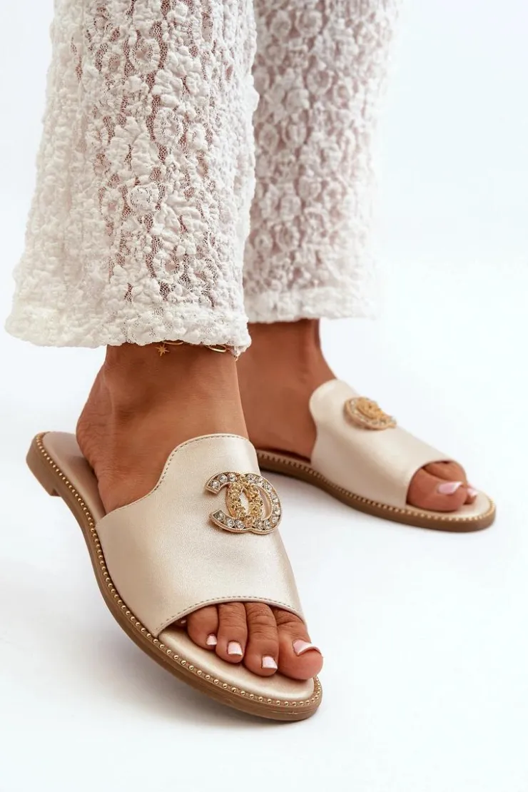 Damskie buty S.Barski Klapki Damskie Klasyczne*Eleganckie Klapki Damskie Błyszczące Z Ozdobą S.Barski KV27-050 Złote Złoty