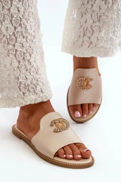 Damskie buty S.Barski Klapki Damskie Klasyczne*Eleganckie Klapki Damskie Błyszczące Z Ozdobą S.Barski KV27-050 Złote Złoty