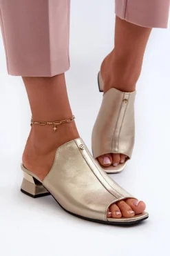 Damskie Maciejka Eleganckie Klapki Damskie Ze Skóry Naturalnej Na Niskim Obcasie 06360-25 Złote