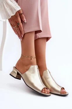 Damskie Maciejka Eleganckie Klapki Damskie Ze Skóry Naturalnej Na Niskim Obcasie 06360-25 Złote