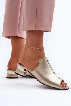 Damskie Maciejka Eleganckie Klapki Damskie Ze Skóry Naturalnej Na Niskim Obcasie 06360-25 Złote