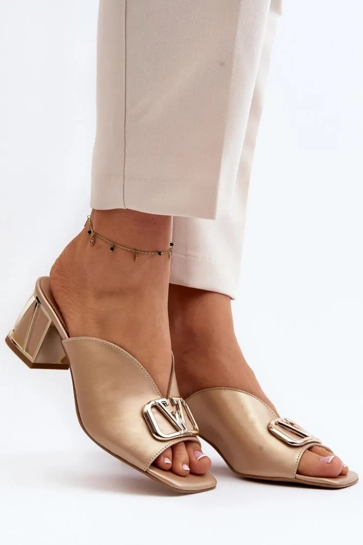 Laura Messi Klapki Na Obcasie|Klapki Damskie Klasyczne*Eleganckie Klapki Damskie Na Obcasie 2771 Złote Złoty