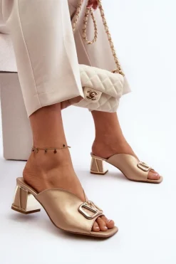 Laura Messi Klapki Na Obcasie|Klapki Damskie Klasyczne*Eleganckie Klapki Damskie Na Obcasie 2771 Złote Złoty