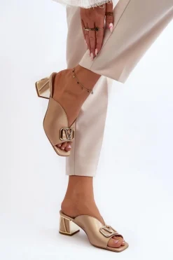 Laura Messi Klapki Na Obcasie|Klapki Damskie Klasyczne*Eleganckie Klapki Damskie Na Obcasie 2771 Złote Złoty