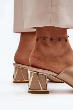 Laura Messi Klapki Na Obcasie|Klapki Damskie Klasyczne*Eleganckie Klapki Damskie Na Obcasie 2771 Złote Złoty