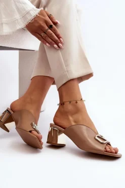 Damskie Laura Messi Eleganckie Klapki Damskie Na Obcasie 2771 Beżowe