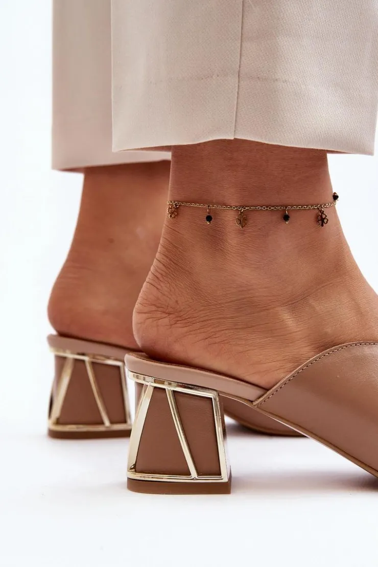 Damskie Laura Messi Eleganckie Klapki Damskie Na Obcasie 2771 Beżowe