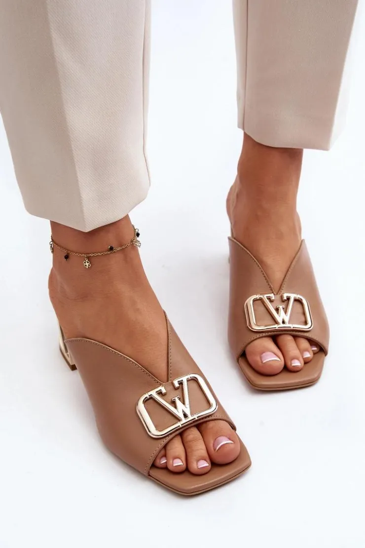 Damskie Laura Messi Eleganckie Klapki Damskie Na Obcasie 2771 Beżowe