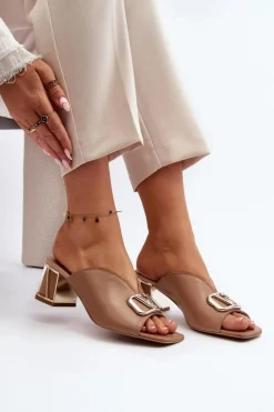 Damskie Laura Messi Eleganckie Klapki Damskie Na Obcasie 2771 Beżowe