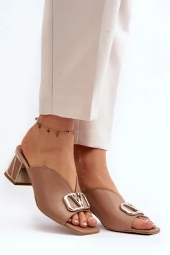 Damskie Laura Messi Eleganckie Klapki Damskie Na Obcasie 2771 Beżowe