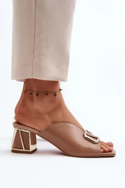 Damskie Laura Messi Eleganckie Klapki Damskie Na Obcasie 2771 Beżowe