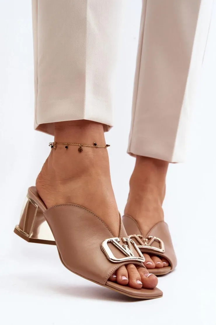 Damskie Laura Messi Eleganckie Klapki Damskie Na Obcasie 2771 Beżowe