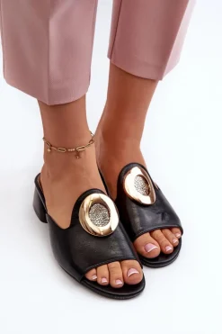 Boto Klapki Na Obcasie|Klapki Damskie Klasyczne*Eleganckie Klapki Damskie Na Niskim Obcasie Ze Złotą Ozdobą Czarne Uzimila