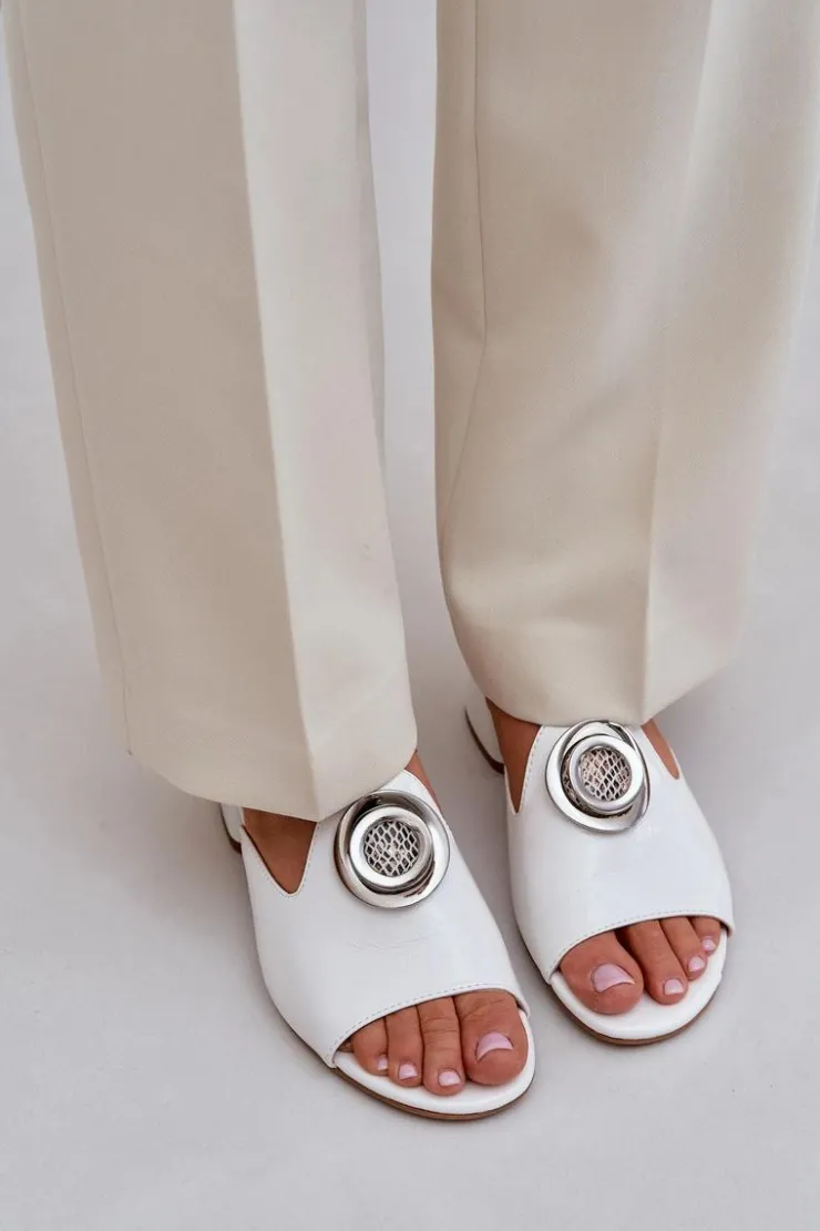 New Boto Eleganckie Klapki Damskie Na Niskim Obcasie Z Ozdobą Białe Feledis