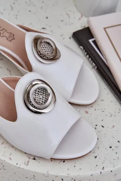 New Boto Eleganckie Klapki Damskie Na Niskim Obcasie Z Ozdobą Białe Feledis