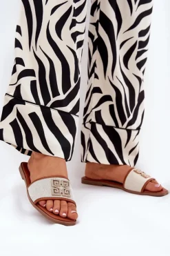 Boto Klapki Damskie Klasyczne*Eleganckie Klapki Damskie Z Ozdobą Na Płaskim Obcasie Camel Lovehia Brązowy