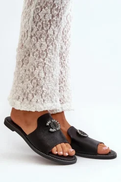 Damskie Damskie buty S.Barski Eleganckie Klapki Damskie Błyszczące Z Ozdobą S.Barski KV27-050 Czarne