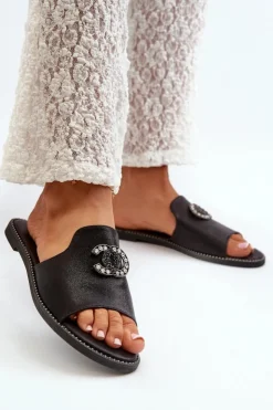 Damskie Damskie buty S.Barski Eleganckie Klapki Damskie Błyszczące Z Ozdobą S.Barski KV27-050 Czarne