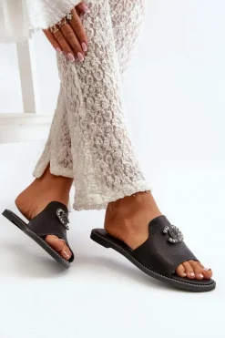 Damskie Damskie buty S.Barski Eleganckie Klapki Damskie Błyszczące Z Ozdobą S.Barski KV27-050 Czarne