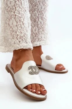 New Damskie buty S.Barski Eleganckie Klapki Damskie Błyszczące Z Ozdobą S.Barski KV27-050 Srebrne Srebrny