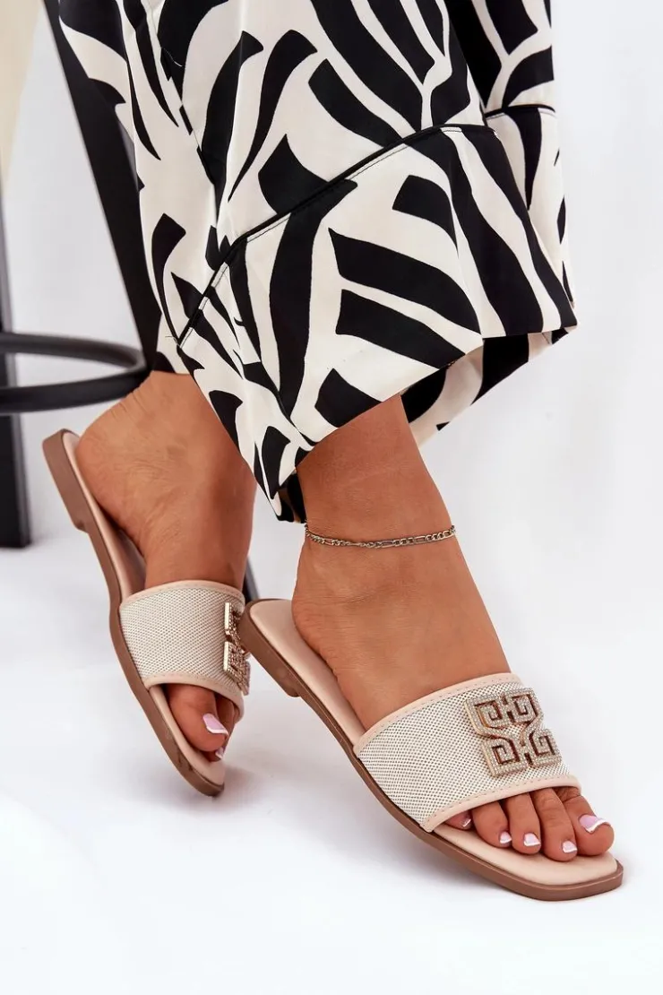 Boto Klapki Damskie Klasyczne*Eleganckie Klapki Damskie Z Ozdobą Na Płaskim Obcasie Beżowe Lovehia Beżowy