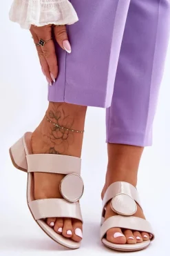 Buty Sergio Leone Klapki Na Obcasie|Klapki Damskie Klasyczne*Eleganckie Klapki Na Obcasie Sergio Leone KL310 Beżowe