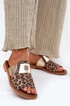 Zazoo Klapki Damskie Klasyczne*Eleganckie Klapki Ze Skóry Naturalnej Na Płaskim Obcasie 40423 Panterka Brązowy