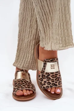 Zazoo Klapki Damskie Klasyczne*Eleganckie Klapki Ze Skóry Naturalnej Na Płaskim Obcasie 40423 Panterka Brązowy