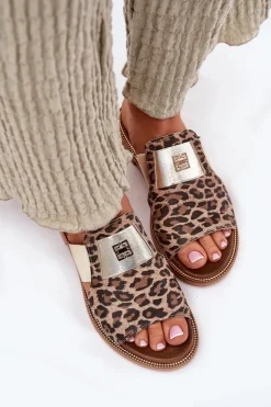 Zazoo Klapki Damskie Klasyczne*Eleganckie Klapki Ze Skóry Naturalnej Na Płaskim Obcasie 40423 Panterka Brązowy