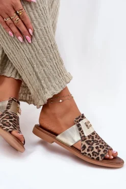 Zazoo Klapki Damskie Klasyczne*Eleganckie Klapki Ze Skóry Naturalnej Na Płaskim Obcasie 40423 Panterka Brązowy