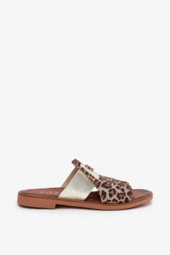 Zazoo Klapki Damskie Klasyczne*Eleganckie Klapki Ze Skóry Naturalnej Na Płaskim Obcasie 40423 Panterka Brązowy