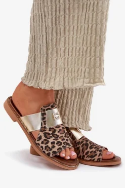 Zazoo Klapki Damskie Klasyczne*Eleganckie Klapki Ze Skóry Naturalnej Na Płaskim Obcasie 40423 Panterka Brązowy