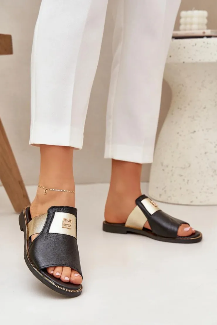 Damskie Zazoo Eleganckie Klapki Ze Skóry Naturalnej Na Płaskim Obcasie 40423 Czarne