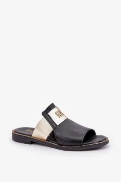 Damskie Zazoo Eleganckie Klapki Ze Skóry Naturalnej Na Płaskim Obcasie 40423 Czarne