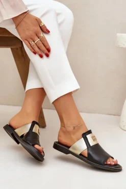 Damskie Zazoo Eleganckie Klapki Ze Skóry Naturalnej Na Płaskim Obcasie 40423 Czarne