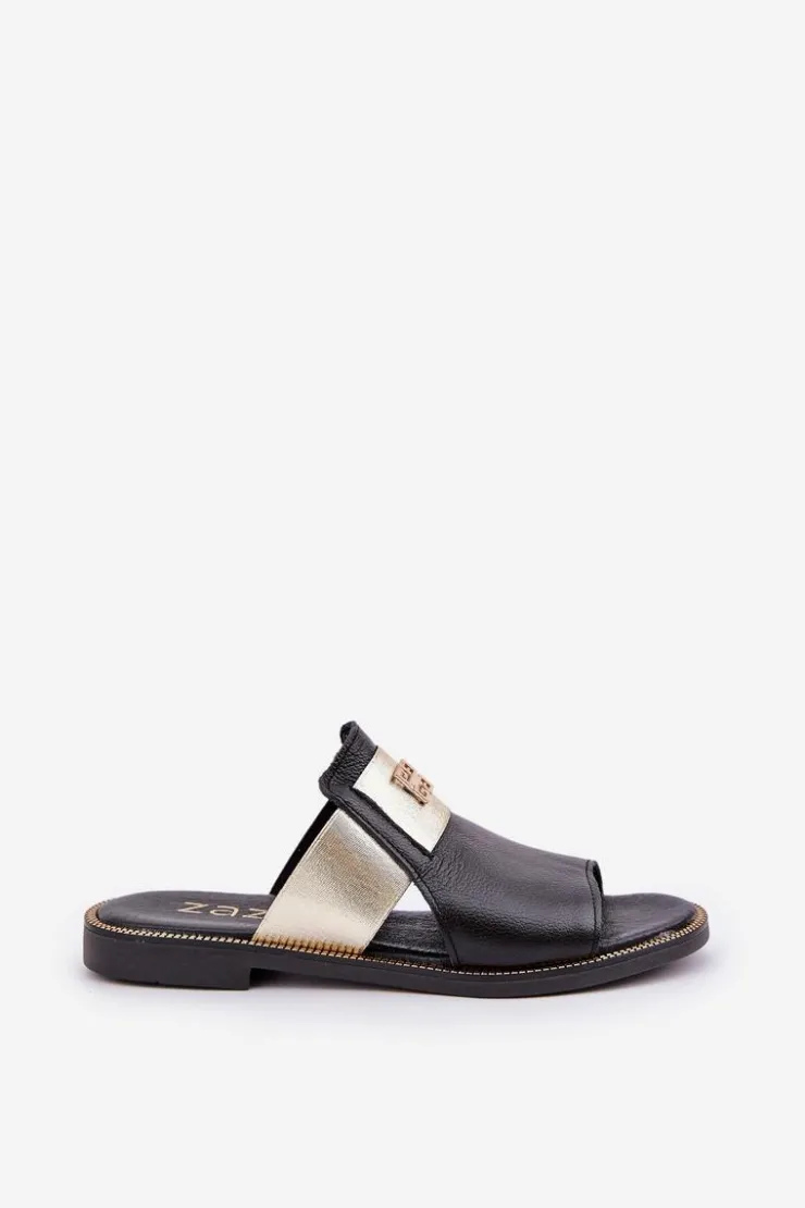 Damskie Zazoo Eleganckie Klapki Ze Skóry Naturalnej Na Płaskim Obcasie 40423 Czarne