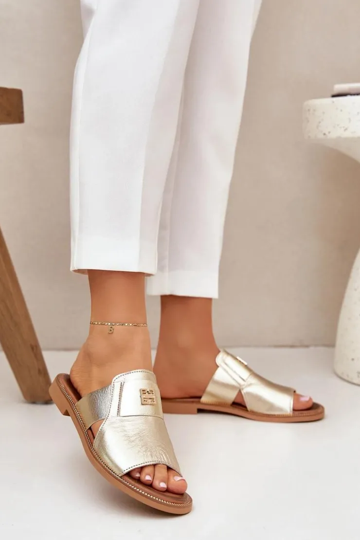 Damskie Zazoo Eleganckie Klapki Ze Skóry Naturalnej Na Płaskim Obcasie 40423 Złote