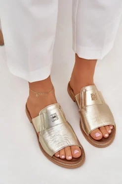 Damskie Zazoo Eleganckie Klapki Ze Skóry Naturalnej Na Płaskim Obcasie 40423 Złote