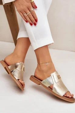 Damskie Zazoo Eleganckie Klapki Ze Skóry Naturalnej Na Płaskim Obcasie 40423 Złote