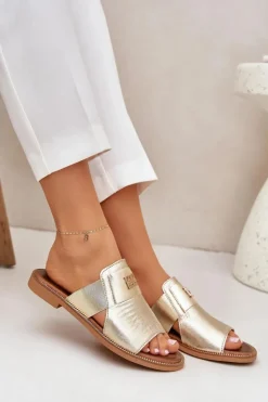 Damskie Zazoo Eleganckie Klapki Ze Skóry Naturalnej Na Płaskim Obcasie 40423 Złote