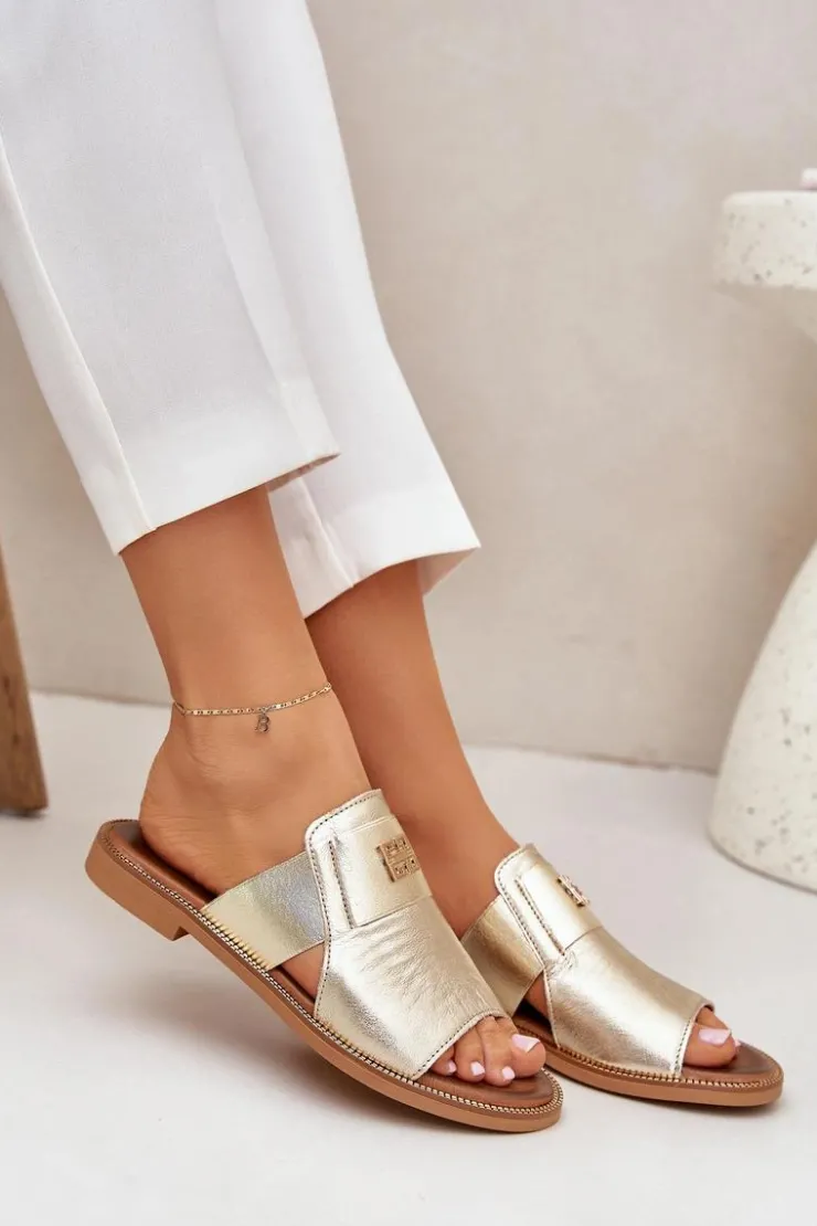 Damskie Zazoo Eleganckie Klapki Ze Skóry Naturalnej Na Płaskim Obcasie 40423 Złote