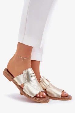 Damskie Zazoo Eleganckie Klapki Ze Skóry Naturalnej Na Płaskim Obcasie 40423 Złote