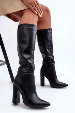 Damskie Boto Eleganckie Kozaki Na Obcasie Skórzane Czarne Eudonice