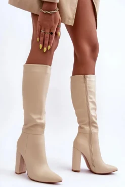 Boto Kozaki Przed Kolano|Kozaki Na Obcasie*Eleganckie Kozaki Na Obcasie Skórzane Beżowe Eudonice