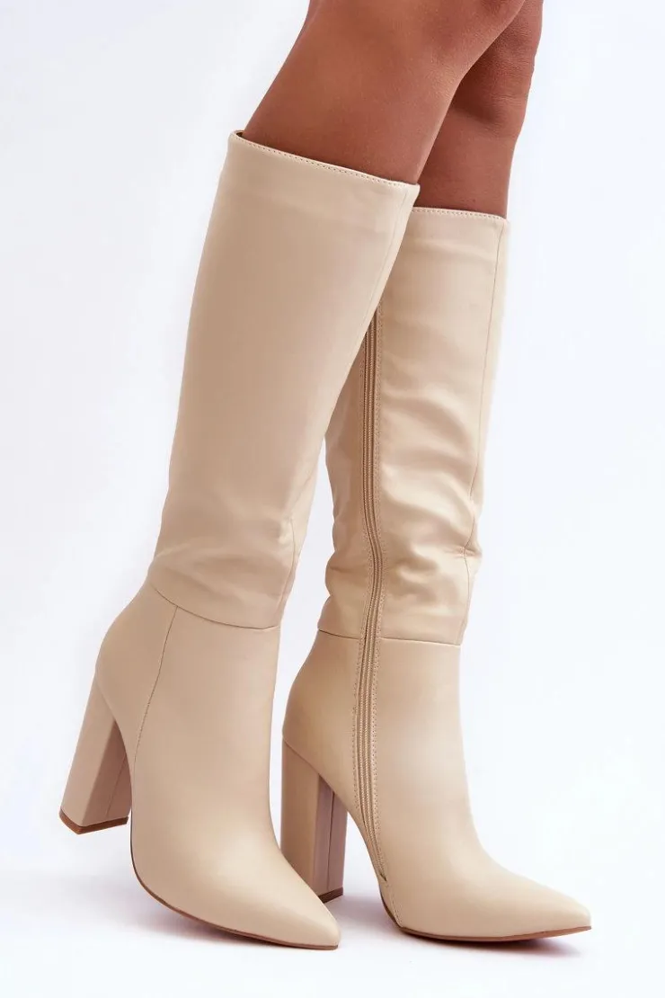 Boto Kozaki Przed Kolano|Kozaki Na Obcasie*Eleganckie Kozaki Na Obcasie Skórzane Beżowe Eudonice