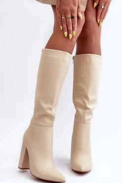 Boto Kozaki Przed Kolano|Kozaki Na Obcasie*Eleganckie Kozaki Na Obcasie Skórzane Beżowe Eudonice