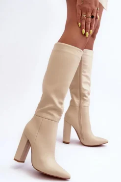 Boto Kozaki Przed Kolano|Kozaki Na Obcasie*Eleganckie Kozaki Na Obcasie Skórzane Beżowe Eudonice