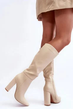 Boto Kozaki Przed Kolano|Kozaki Na Obcasie*Eleganckie Kozaki Na Obcasie Skórzane Beżowe Eudonice