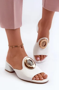 New Boto Eleganckie Lakierowane Klapki Damskie Na Niskim Obcasie Ze Złotą Ozdobą Białe Uzimila